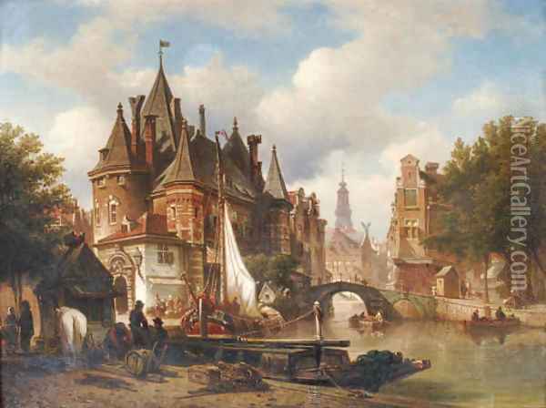 The Waag on the Nieuwmarkt with the Oude Kerk in the distance, Amsterdam Oil Painting - Elias Pieter van Bommel