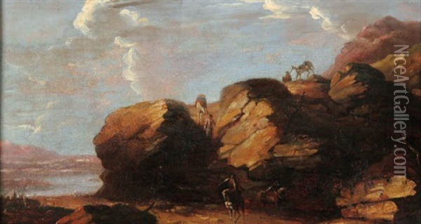 Travelers In A Rocky Landscape Oil Painting - Johann Christian Brand