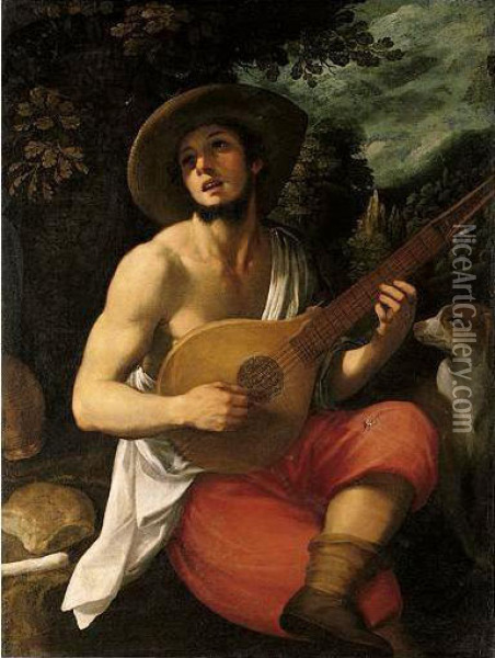 Portrait Of A Young Man, Three 
Quarter Length Seated, Playing A Cittern, A Landscape Beyond Oil Painting - Domenico Cresti Il Passignano