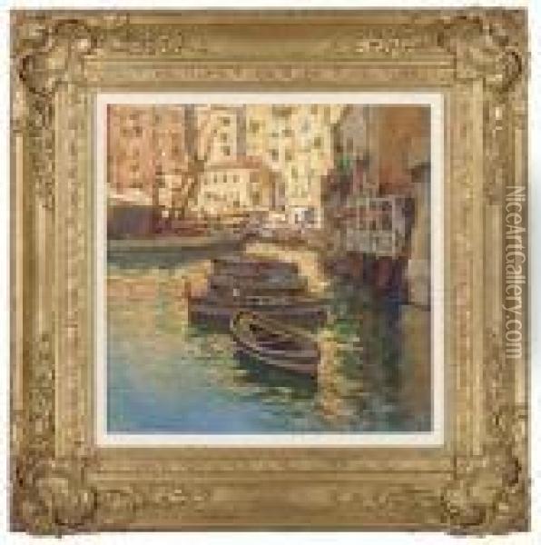 Fishing Vessels Moored At An Italian Town Oil Painting - Gaetano Esposito
