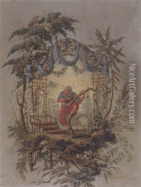 A Chinese Musicien In A Stylized Garden Oil Painting - Jean Baptiste Pillement