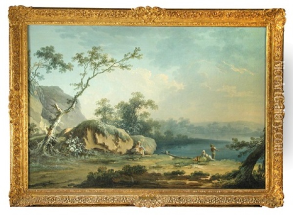 A Pastoral Landscape Near A Lake With Figures Picnicking And Fishing Oil Painting - Jean Baptiste Lallemand
