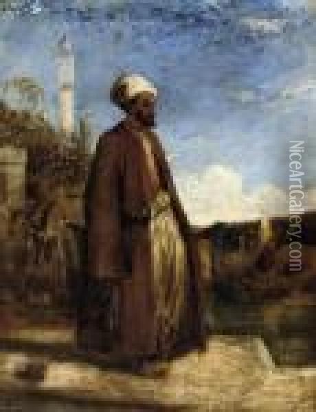 Portrait Of An Arab Outside A Mosque Oil Painting - William James Muller