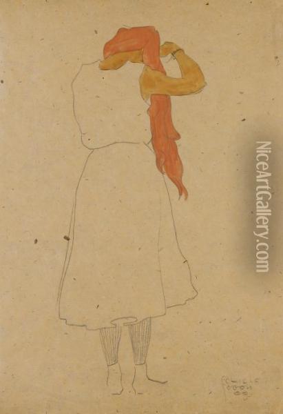Stehende, Sich Die Langen Roten 
Haare Kammend, In Ruckenansicht (standing Woman Combing Her Long Red 
Hair, Back View) Oil Painting - Egon Schiele