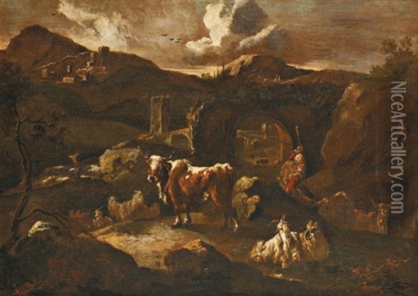 Berger Et Son Troupeau Dans Un Paysage Oil Painting - Domenico Brandi