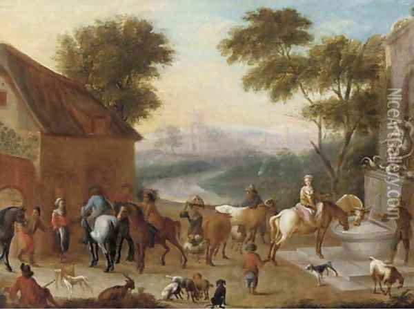 A hunting party halted before an inn Oil Painting - Carel van Falens or Valens