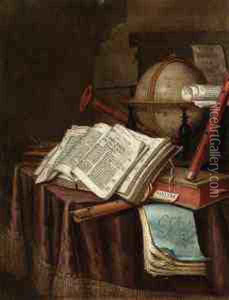A Vanitas Still Life With A 
Globe, Musical Instruments, A Score Andan Emblem Book On A Draped Table 
Before A Column Oil Painting - Edwart Collier