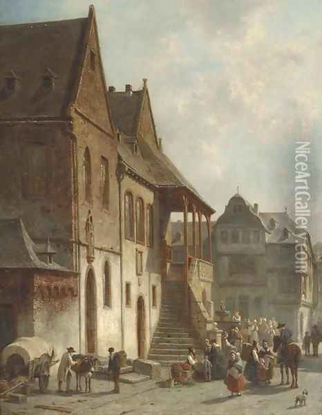 Figures conversing by the town hall of Goslar, Germany Oil Painting - Jacques Carabain