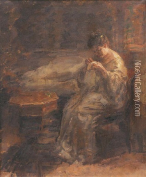 Interior Med Syende Dame Oil Painting - Julius Paulsen