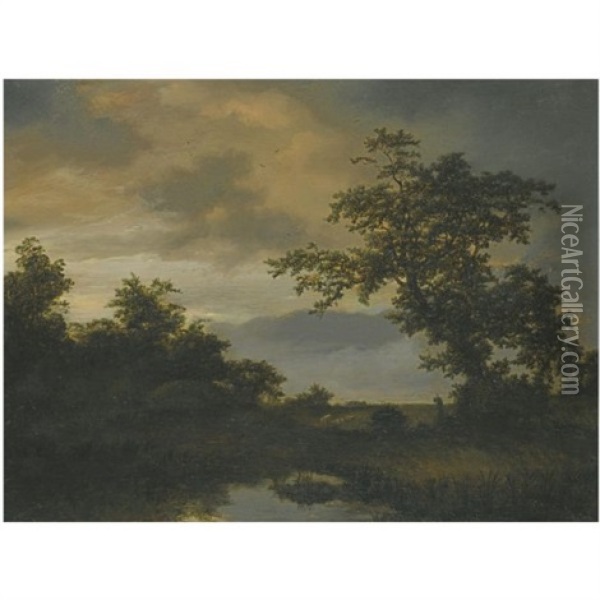 A Wooded River Landscape With A Shepherd And His Flock On The Bank Oil Painting - Cornelis Hendriksz Vroom