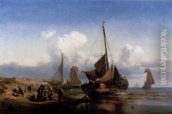 Anlandende Kustenfischer An Der Hollandischen Kuste Oil Painting - Franz Johann (Wilhelm) Huenten