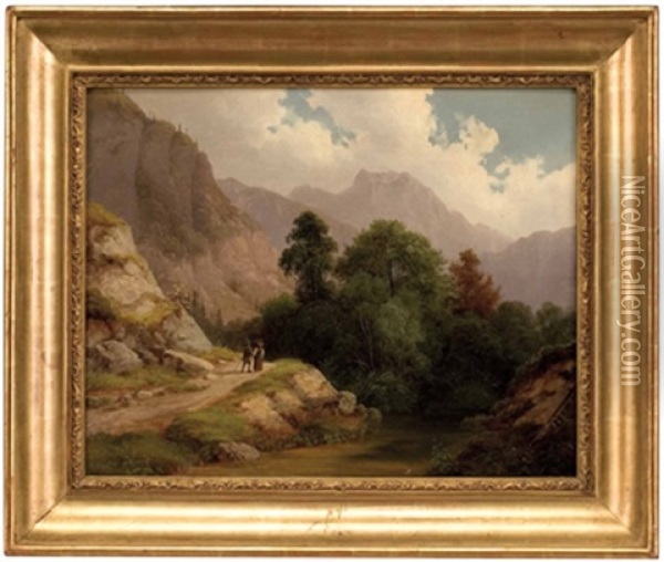 Zwei Wanderer In Sudtiroler Gebirgslandschaft Oil Painting - Joseph Heicke