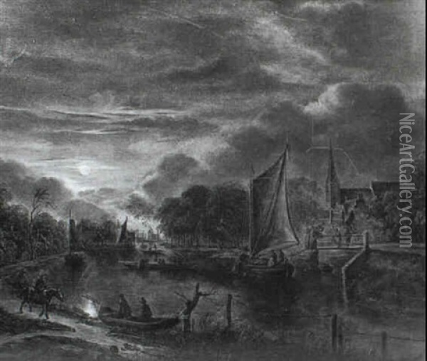 A Moonlight River Landscape With A Smalschip Anchored       Before Two Figures Standing On A Wooden Bridge: On The Near Oil Painting - Aert van der Neer