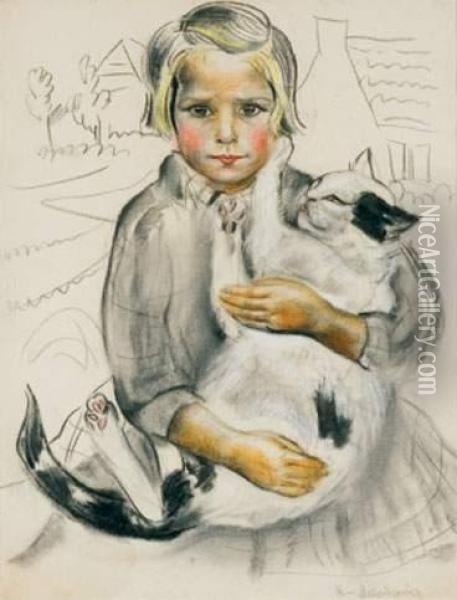 Petite Fille Au Chat Oil Painting - Nina Aleksandrowicz