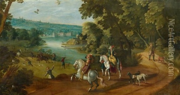 Elegantes Paar Wahrend Der Jagd In Einer Flusslandschaft Vor Einem Flamischen Dorf Oil Painting - Jacques Van Der Wyhen
