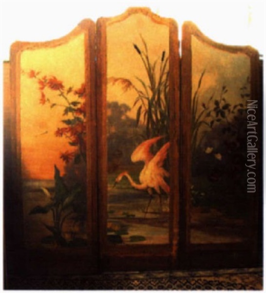 Flamant Rose Et Libellule Oil Painting - Leon Bopp du Pont