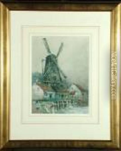 14in. X 10in. A Windmill In Holland Signed, See Illustration Oil Painting - Victor Noble Rainbird