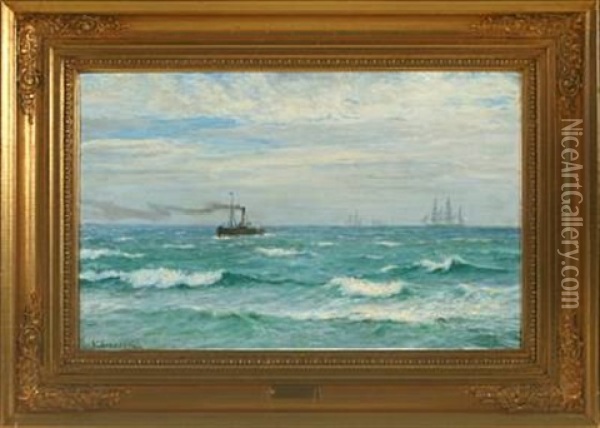 Seascape With Sailing Ship And Motor Boat Oil Painting - Vilhelm Karl Ferdinand Arnesen