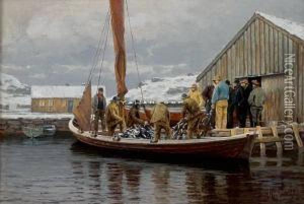 Fangsten Hales I Land 1889 Olje Pa Lerret Oil Painting - Lars Laurits Larsen Haaland