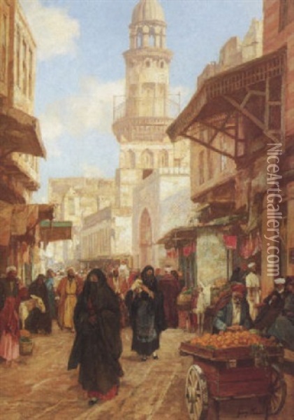 Marche Au Pied Du Minaret, Le Caire Oil Painting - Georg Macco