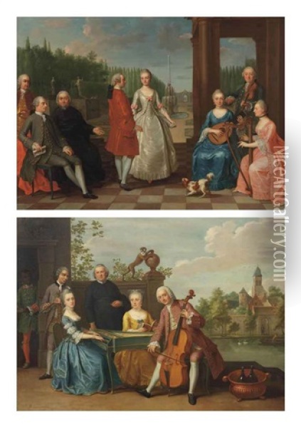 A Portrait Of Jacques-jean Cremers And His Wife Dancing On A Garden Terrace Surrounded By Other Members Of The Family... (+ An Elegant Company...; Pair) Oil Painting - Balthasar Beschey