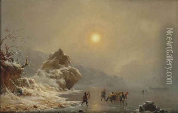 A Winter Landscape With Hunters On The Ice Oil Painting - Andreas Achenbach