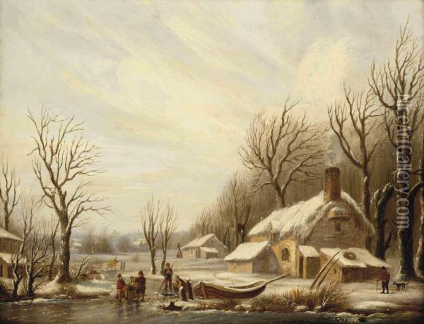 A Winter Landscape With Figures On A Frozen River By A House Oil Painting - Cornelis Petrus 't Hoen