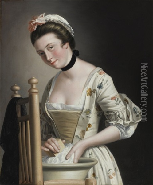 Portrait Of A Woman Washing Clothes, Possibly Maria, Countess Of Coventry Oil Painting - Henry Robert Morland