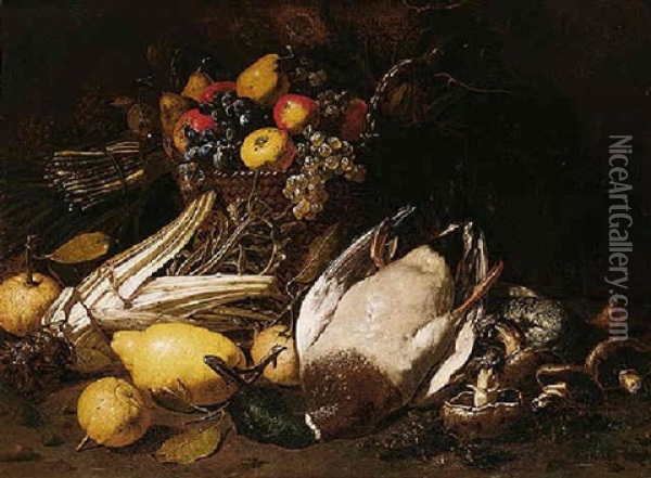 A Still Life Of Fruit In A Straw Basket, Together With Asparagus, Artichokes, Cardoons, Lemons, Mushrooms And A Duck Oil Painting - Tommaso Salini