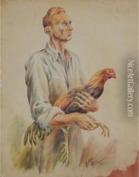 Man With Rooster Oil Painting - Charles C. Mckim