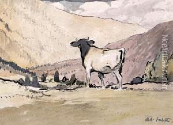 Cow In A Mountainous Landscape Oil Painting - Adolphe Pierre Valette