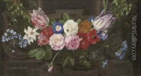 A Swag Of Parrot Tulips, Roses, 
Convolvulus, Anenomies, Holly, Narcissi And Other Flowers, Before A 
Carved Stone Niche Oil Painting - Jan Philip van Thielen