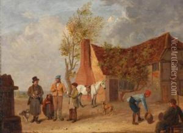 Figures And Animalsin A Yard Oil Painting - Edmund Bristow