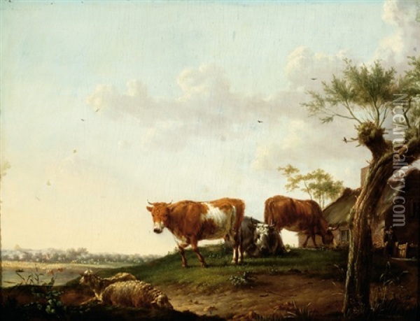 Two Cows, An Ox And Several Sheep By A Farm Oil Painting - Dionys van Dongen