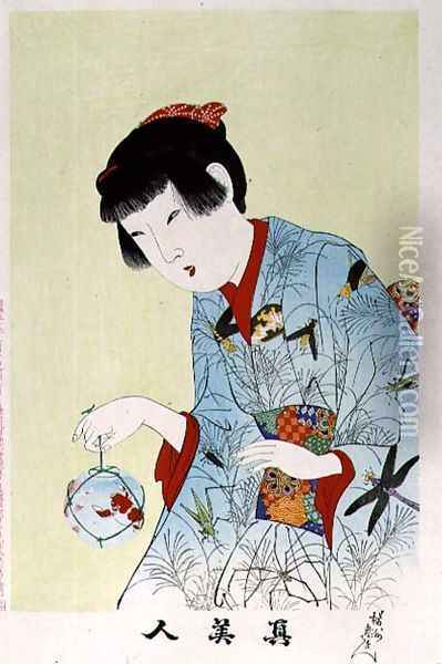 1973-22c Shin Bijin (True Beauties) depicting a woman holding a goldfish bowl, from a series of 36, modelled on an earlier series Oil Painting - Toyohara Chikanobu