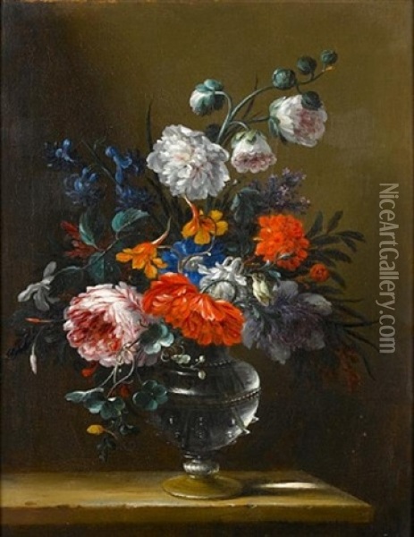 Carnations, Jasmine, Peonies, Lilac, Harebells In A Glass Vase On A Table-top Oil Painting - Nicolas Baudesson