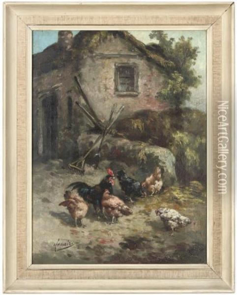 Chickens In A Farmyard Oil Painting - Louis Marie Lemaire