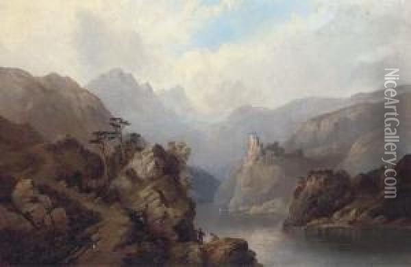 Figures In A Loch Landscape Oil Painting - Edward Train