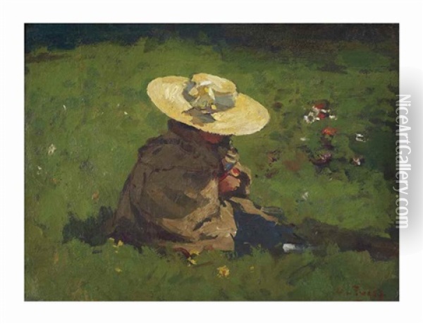 Marietje In Het Gras: The Daughter Of The Artist With A Straw Head Oil Painting - Willem de Zwart