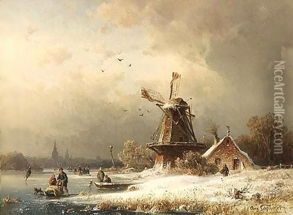 A Winter Landscape With Figures On A Frozen River Oil Painting - August Schliecker