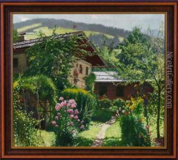 Im Sommerlich Bluhenden Garten Eines Hofes In Brixlegg Oil Painting - Adolf Gustav Schlabitz