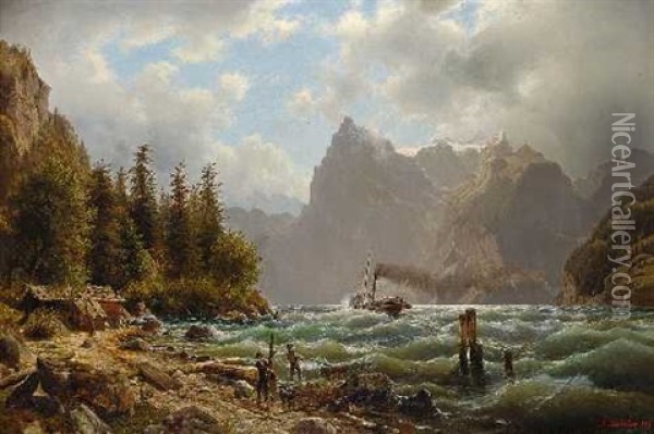 Sturmischer Fjord Oil Painting - Johannes Bartholomaeus Duntze