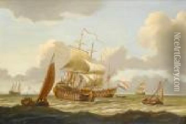 Dutch Shipping In Choppy Seas Oil Painting - Willem van de, the Elder Velde