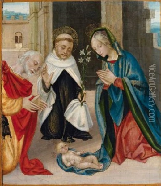 L'adoration De L'enfant Avec Saint Nicolas De Tolentino Oil Painting - Girolamo Giovenone