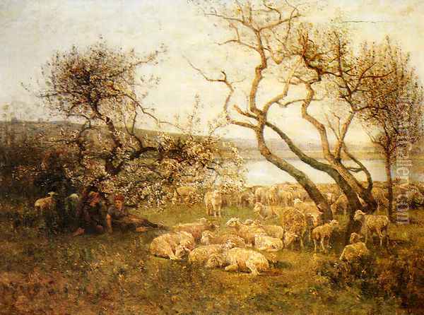 Tending The Flock In A Blossoming Landscape Oil Painting - Louis-Aime Japy