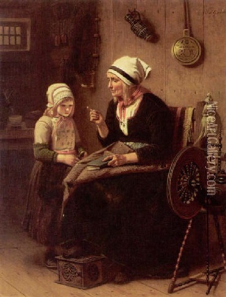 A Cottage Interior With A Woman And Child Oil Painting - Peter Franciscus Greive
