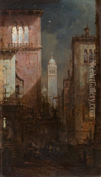 Venezianischer Seitenkanal Bei Mondschein Oil Painting - Louis Mecklenburg