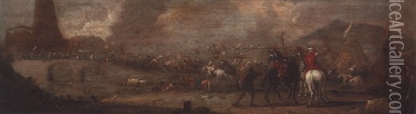 A Cavalry Skirmish On A Bridge By An Encampment Oil Painting - Jacques Courtois