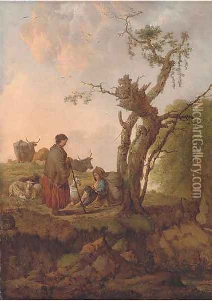 A river landscape with a shepherd and shepherdess and their flock resting by a tree Oil Painting - Dutch School