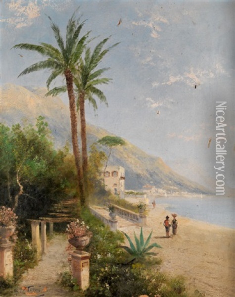 Italienische Kustenlandschaft Mit Palmen Zwischen Uferpromenade Und Pergola Oil Painting - Georg Fischhof